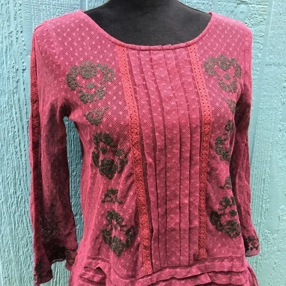 Free People Pink Embroidered Lace Peplum Top XS